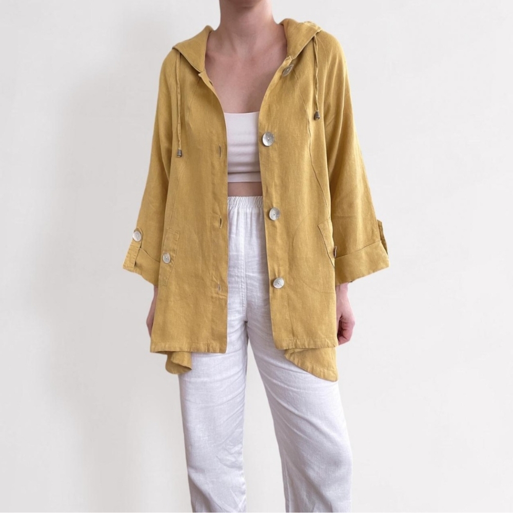 JNY Jones New York M Medium women's yellow over coat jacket blazer 55% LINEN - Picture 1 of 15